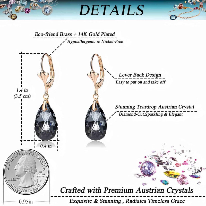 EVEVIC Austrian Crystal Teardrop Leverback Dangle Earrings for Women Fashion 14K Gold Plated Hypoallergenic Jewelry (Black) - Image 4